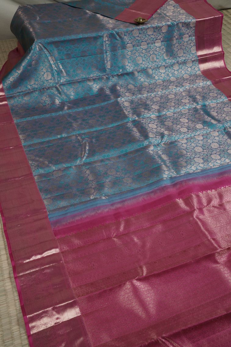 Sky Blue Kanchivaram Saree with Gold Zari Floral Patterns view 2