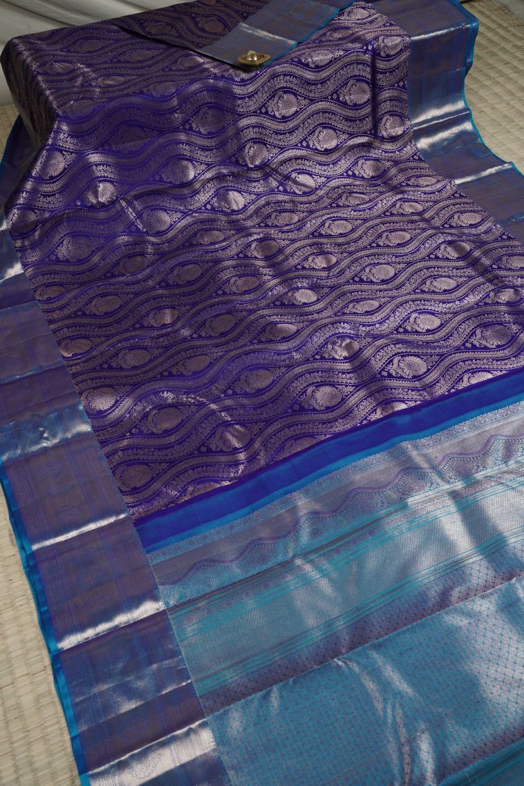 Royal Blue Kanchivaram Saree with Copper Zari Floral Patterns view 2