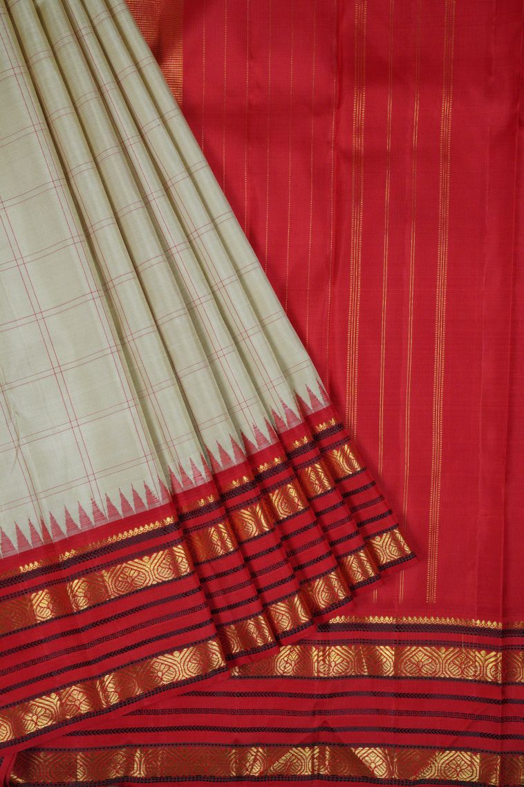 Cream Kanchivaram Saree with Gold Zari Checks view 1