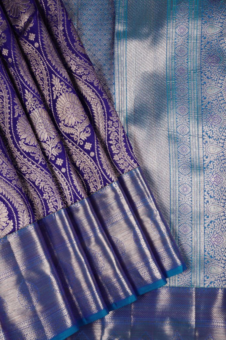 Royal Blue Kanchivaram Saree with Copper Zari Floral Patterns