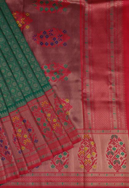 Green Soft Silk Saree with Gold Zari Geometric Shapes