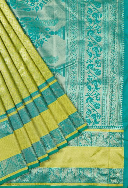 Lime Green Soft Silk Saree with Gold Zari Geometric Shapes