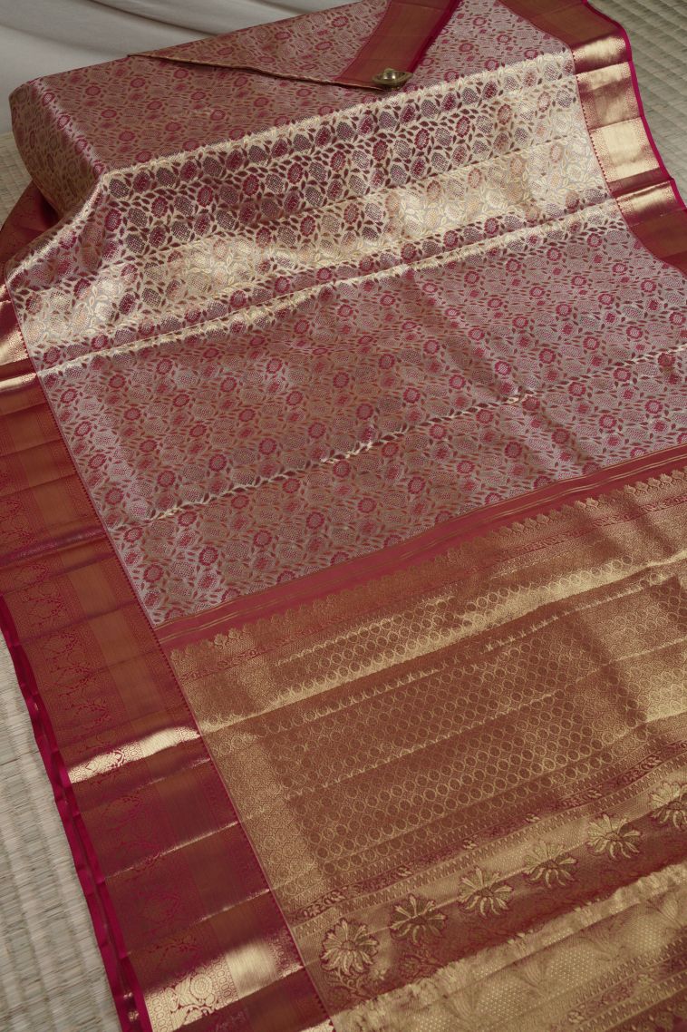Maroon Kanchivaram Saree with Gold Zari Floral Patterns view 2