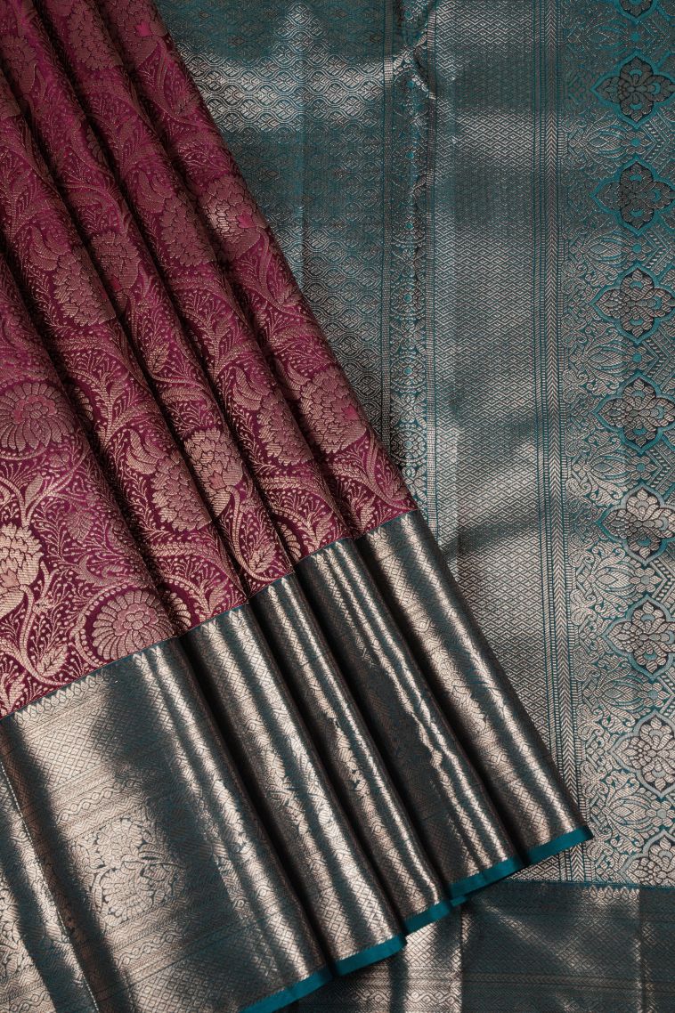 Wine Red Kanchivaram Saree with Copper Zari Floral Patterns view 1