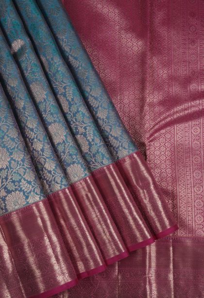 Sky Blue Kanchivaram Saree with Gold Zari Floral Patterns