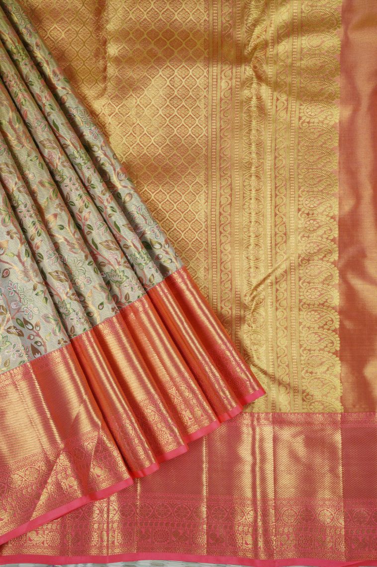 Slate Grey Kanchivaram Saree with Gold Zari Floral Patterns view 1