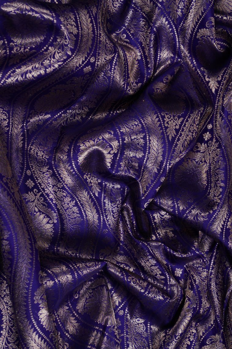 Royal Blue Kanchivaram Saree with Copper Zari Floral Patterns view 4