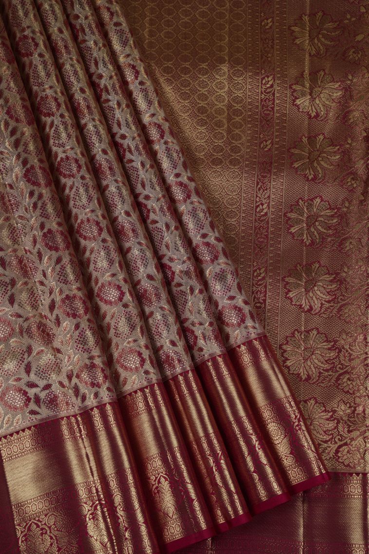 Maroon Kanchivaram Saree with Gold Zari Floral Patterns