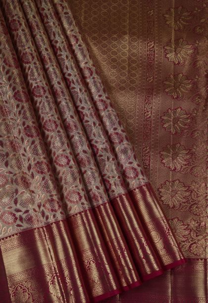 Maroon Kanchivaram Saree with Gold Zari Floral Patterns
