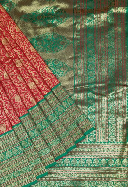 Red Soft Silk Saree with Gold Zari Floral Patterns