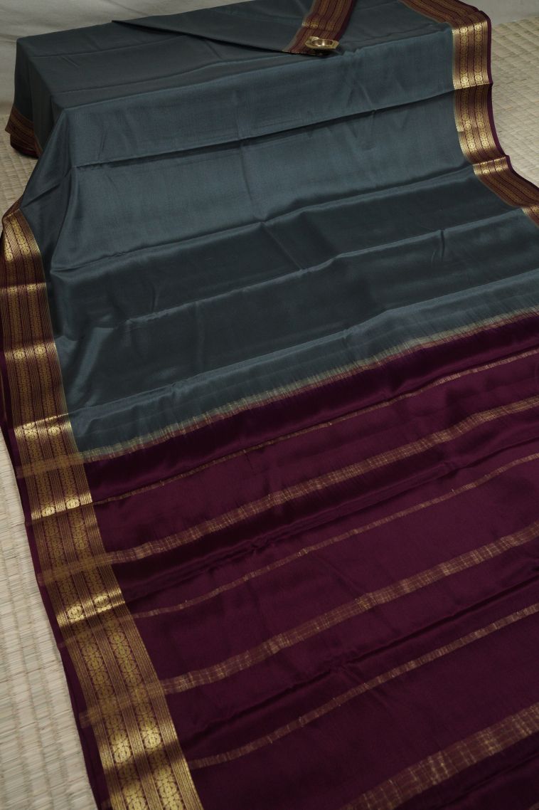 Slate Grey Mysore Silk with Gold Zari Plain view 2