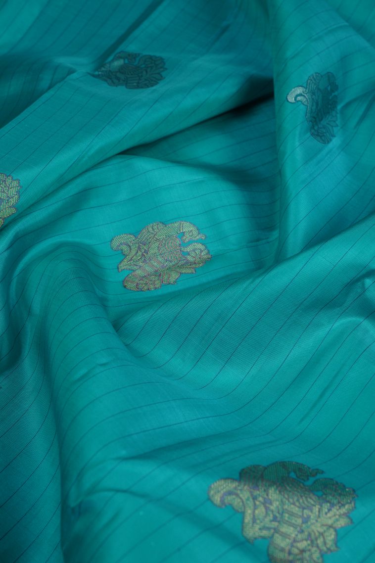 Teal Kanchipuram Silk Sarees with Gold Zari Buttis (small Dots Or Motifs) view 4