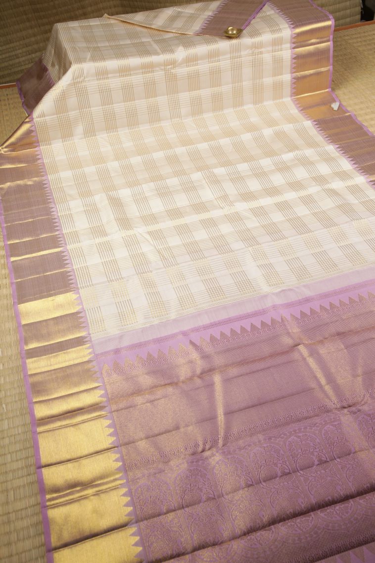 Cream Kanchipuram Silk Sarees with Gold Zari Checks view 2