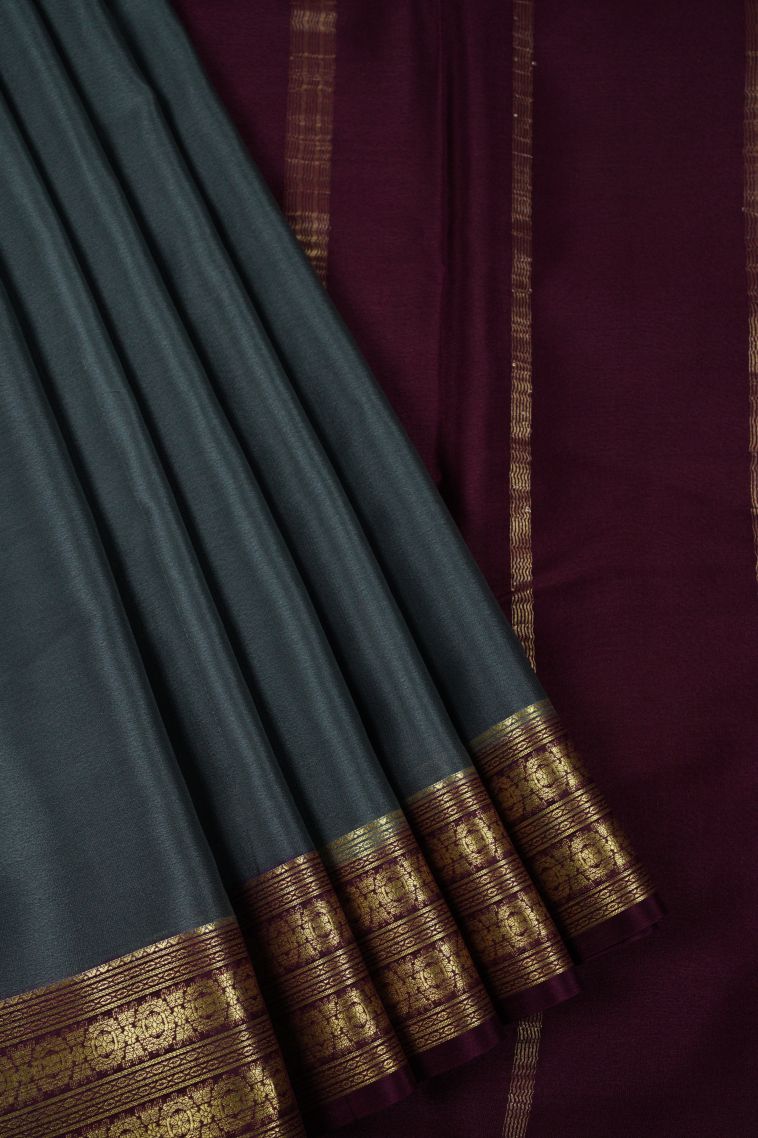 Slate Grey Mysore Silk with Gold Zari Plain view 1