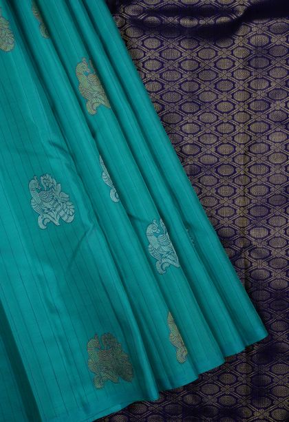 Teal Kanchipuram Silk Sarees with Gold Zari Buttis (small Dots Or Motifs)