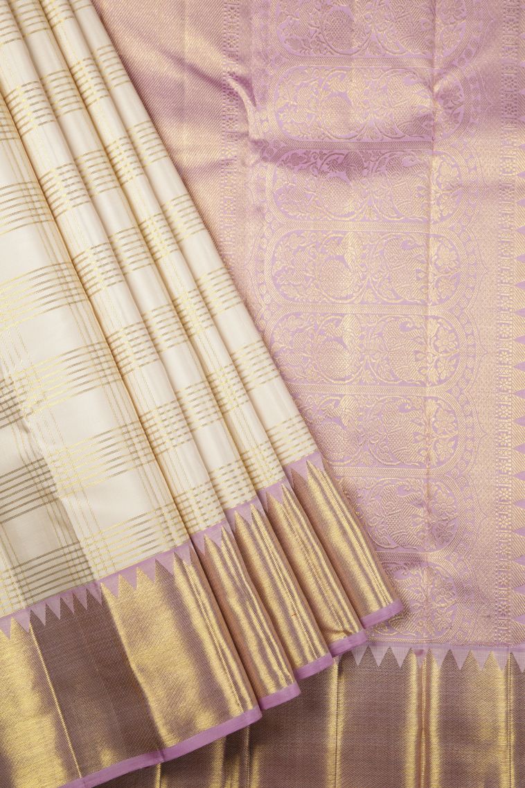 Cream Kanchipuram Silk Sarees with Gold Zari Checks view 1