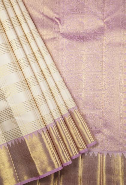 Cream Kanchipuram Silk Sarees with Gold Zari Checks