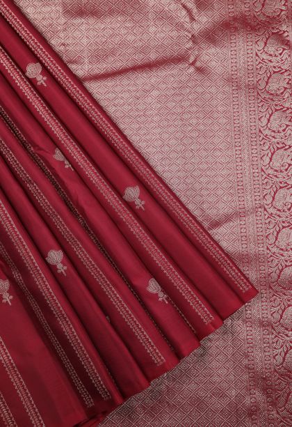 Red Kanchipuram Silk Sarees with Silver Zari Stripes