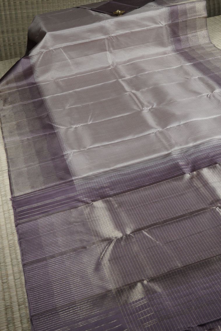 Cream Kanchipuram Silk Sarees with Silver Zari Checks view 2