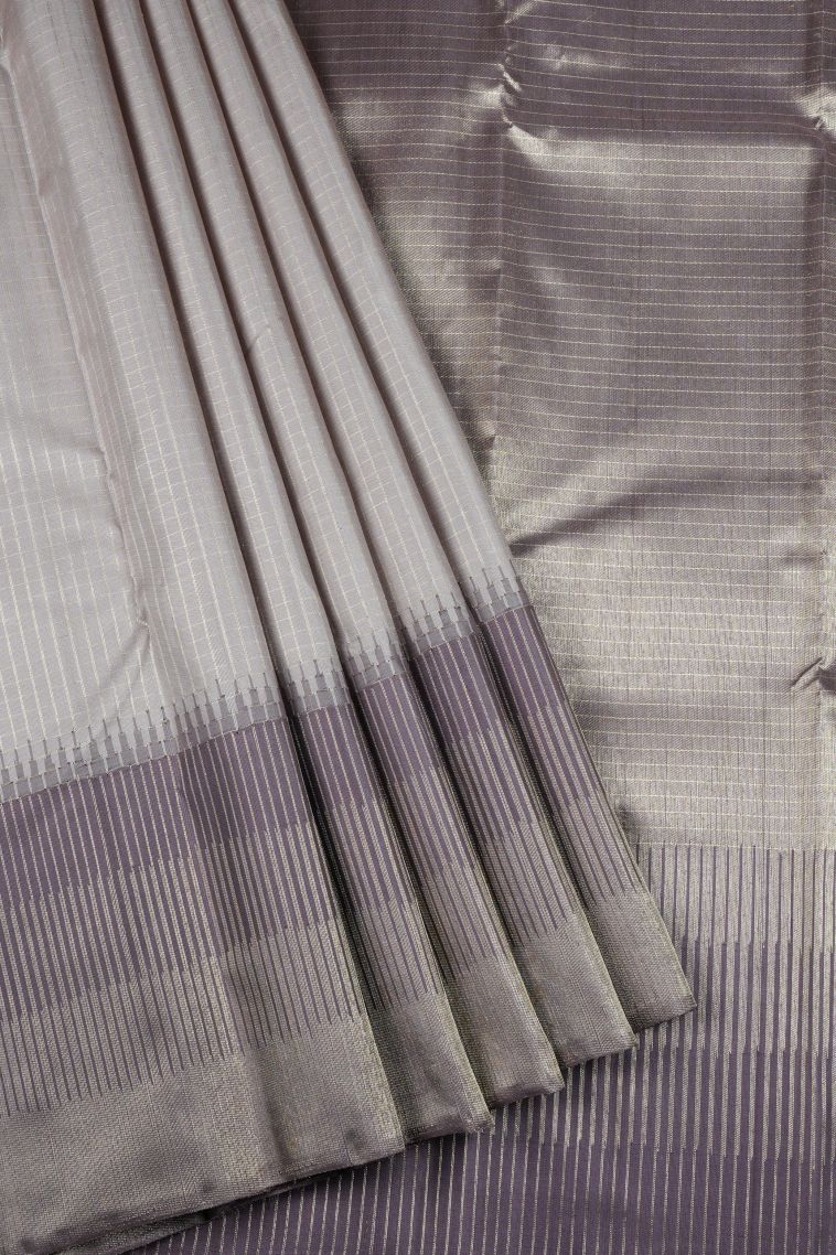 Cream Kanchipuram Silk Sarees with Silver Zari Checks