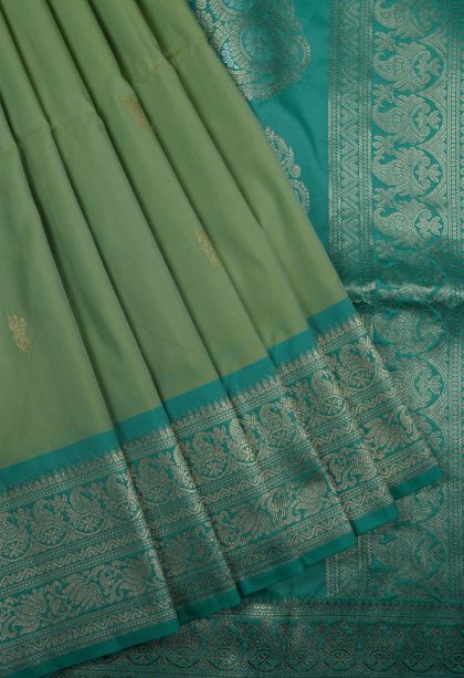 Green Soft Silk Saree with Gold Zari Buttis (small Dots Or Motifs)