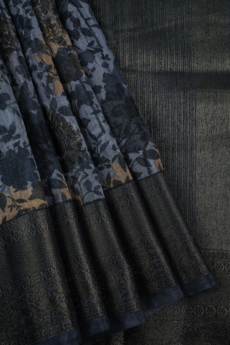 Stone Blue Art Silk with Bronze Zari Floral Patterns