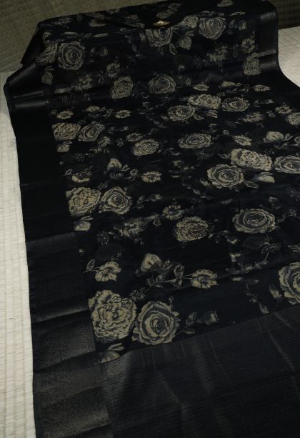 Asphalt Black Art Silk with Bronze Zari Floral Patterns