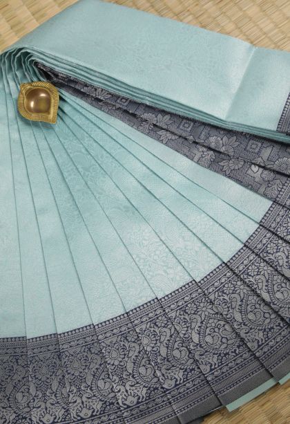 Sky Blue Visiri Madippu Silk Sarees with Silver Zari Floral Patterns