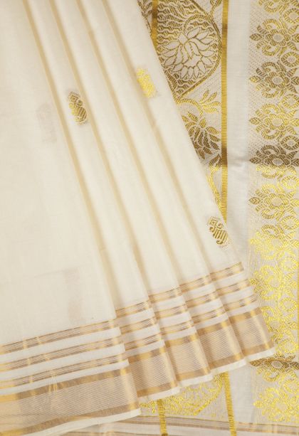 Cream White Silk Cotton with Gold Zari Buttis (small Dots Or Motifs)