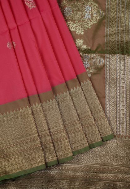 Strawberry Pink Soft Silk Saree with Gold Zari Buttis (small Dots Or Motifs)
