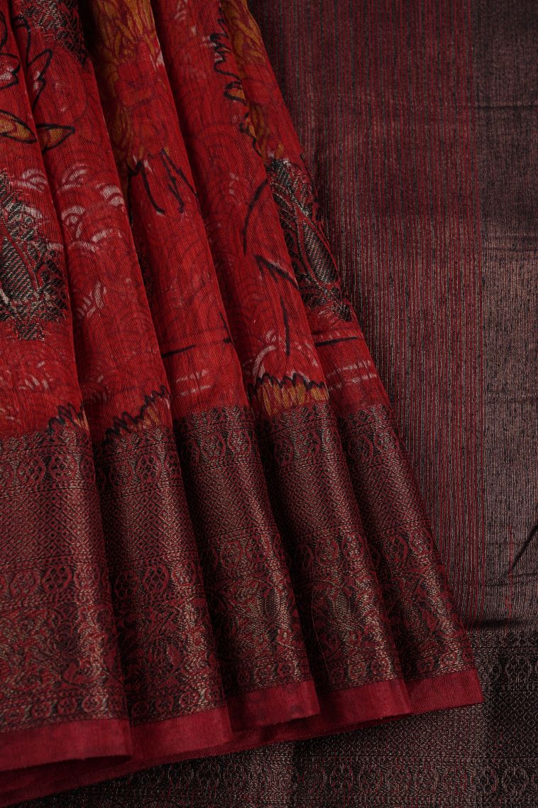 Apple Red Art Silk with Bronze Zari Floral Patterns view 1