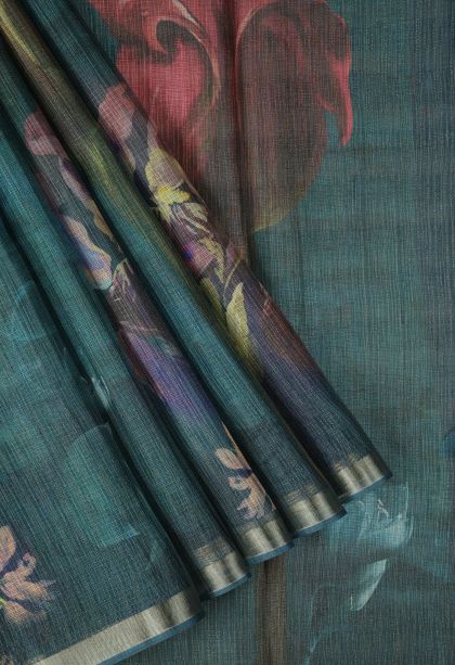 Blue Tussar Silk Saree with Without Zari Zari Floral Patterns