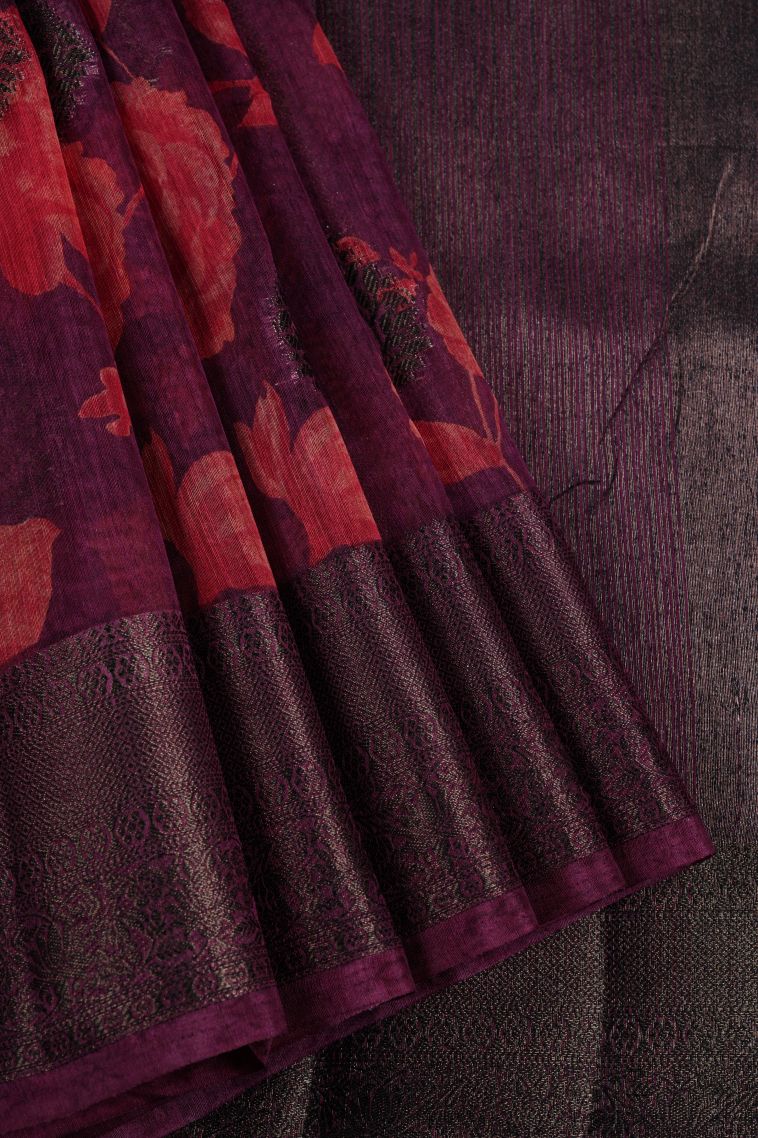Magenta Purple Art Silk with Bronze Zari Floral Patterns