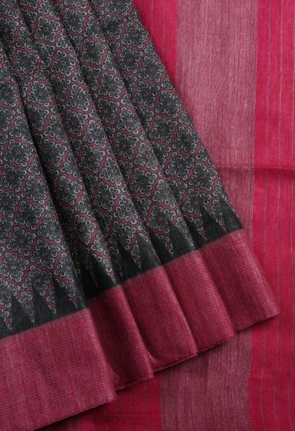 Charcoal Black Chanderi Cotton Sarees with Without Zari Zari Floral Patterns