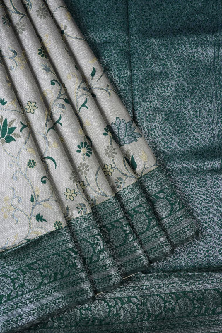 Pistachio Green Apoorva Silk Sarees with Silver Zari Floral Patterns view 1