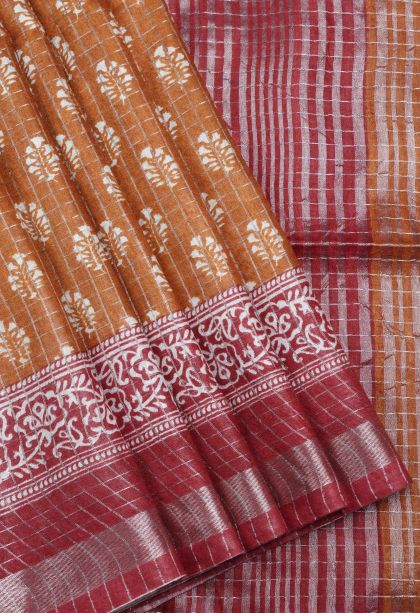 Bronze Orange Chanderi Cotton Sarees with Without Zari Zari Floral Patterns