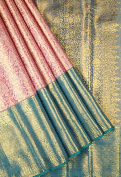 Peach Pink Kanchipuram Silk Sarees with Gold Zari Floral Patterns