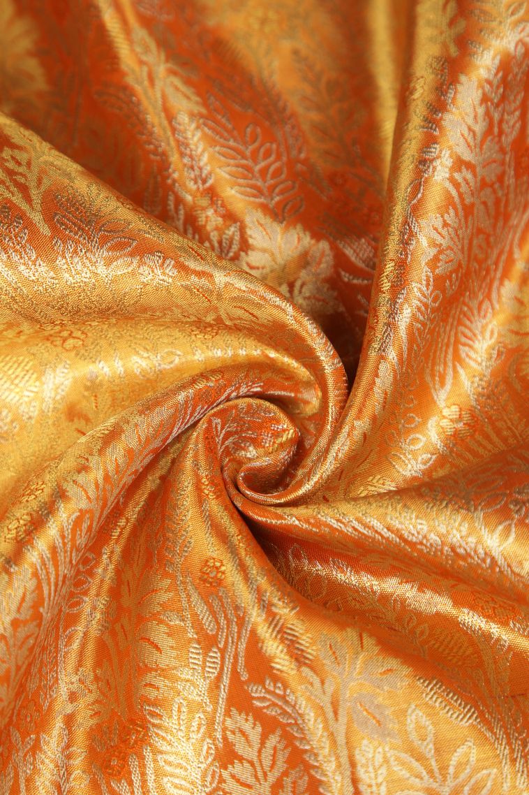 Carrot Orange Kanchipuram Silk Sarees with Gold Zari Floral Patterns view 4