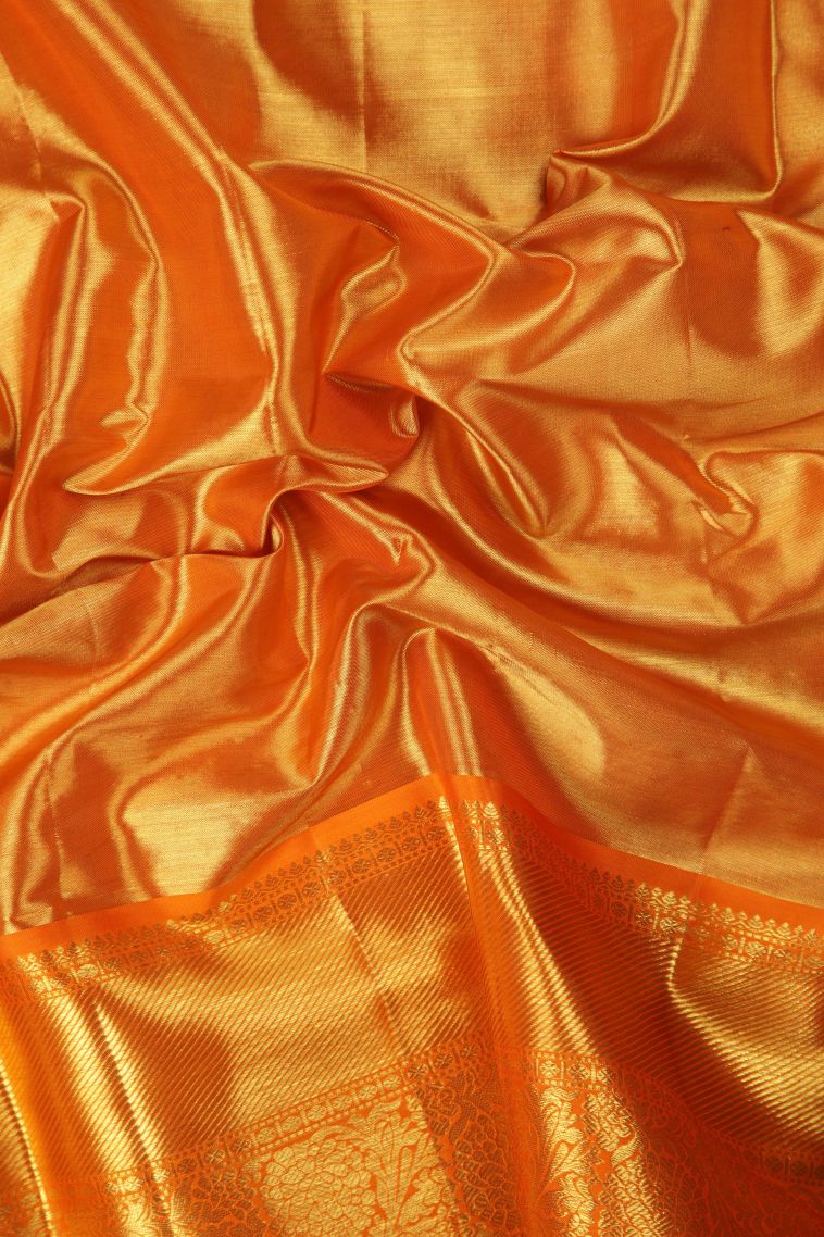 Carrot Orange Kanchipuram Silk Sarees with Gold Zari Floral Patterns view 3