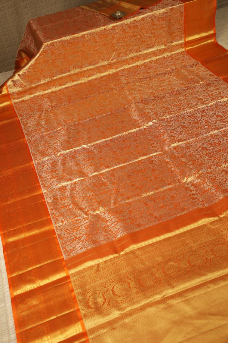 Carrot Orange Kanchipuram Silk Sarees with Gold Zari Floral Patterns view 2