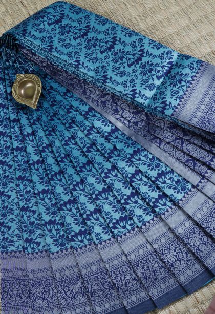 Azure Blue Visiri Madippu Silk Sarees with Silver Zari Floral Patterns