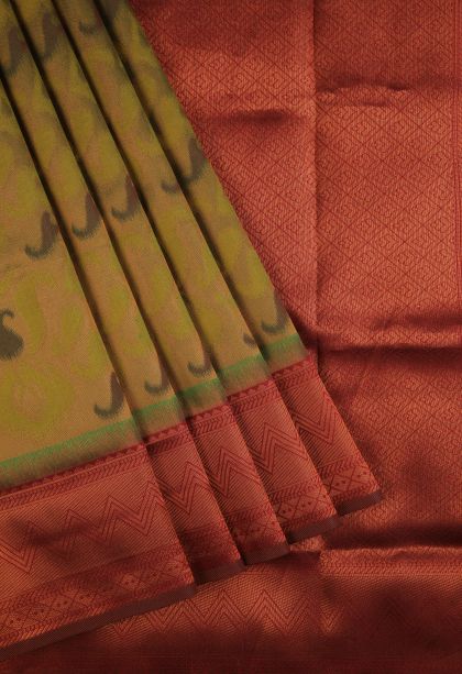 Olive Green Apoorva Silk Sarees with Copper Zari Geometric Shapes