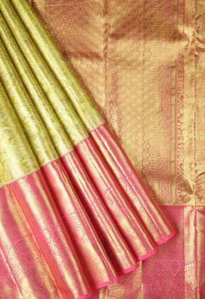 Lemon Yellow Kanchipuram Silk Sarees with Gold Zari Floral Patterns