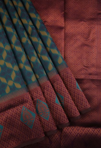 Aegean Blue Apoorva Silk Sarees with Copper Zari Geometric Shapes