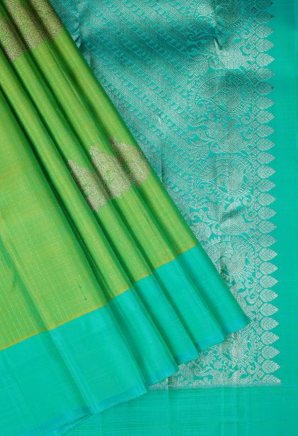 Chartreuse Green Kanchipuram Silk Sarees with Gold Zari Stripes
