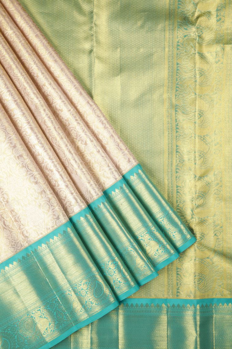 Peach Pink Kanchipuram Silk Sarees with Gold Zari Floral Patterns view 1
