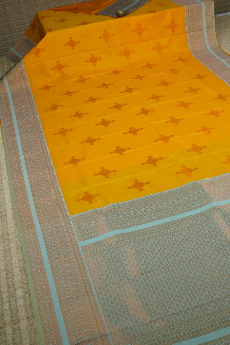 Fawn Yellow Visiri Madippu Silk Sarees with Gold Zari Buttis (small Dots Or Motifs) view 2