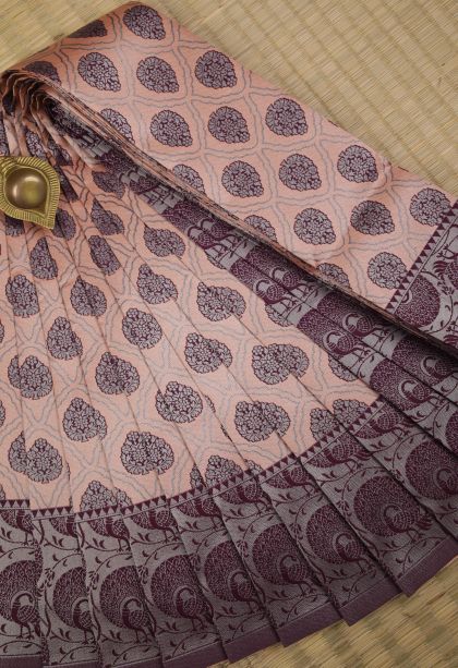 Cantaloupe Orange Visiri Madippu Silk Sarees with Silver Zari Floral Patterns