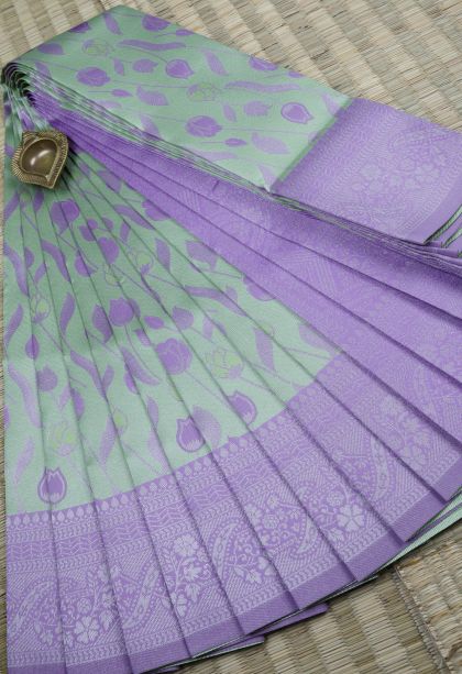 Pistachio Green Visiri Madippu Silk Sarees with Silver Zari Floral Patterns