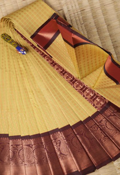 Lemon Yellow Visiri Madippu Silk Sarees with Copper Zari Checks
